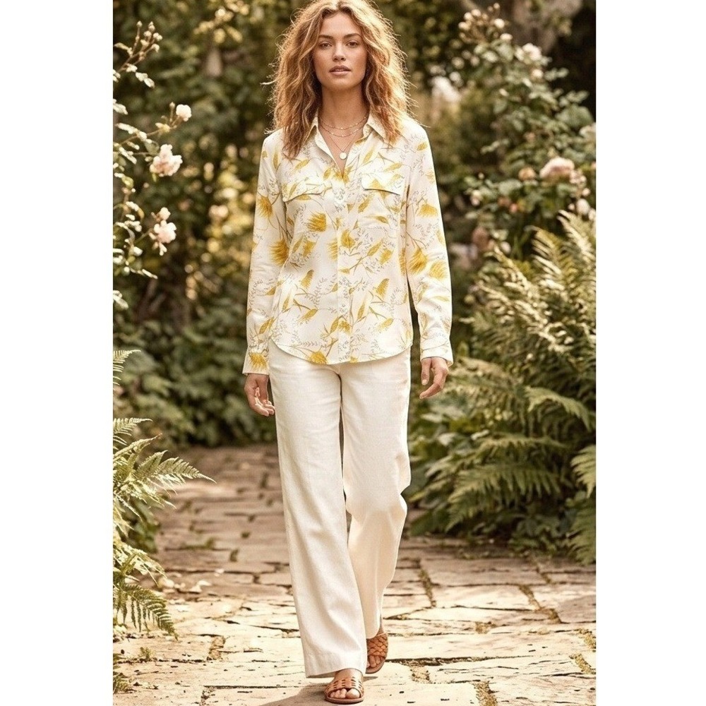 A Loves A‎ 100% Silk Botanical Ferns & Yellow Wheat Print Button-Up Blouse S